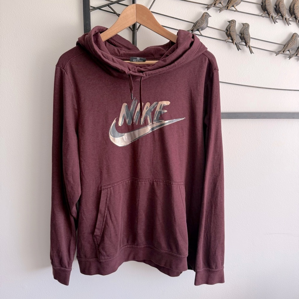 Nike Women 1X Burgundy Scuba Style Metallic Logo Hoodie Plus Size Athleisure